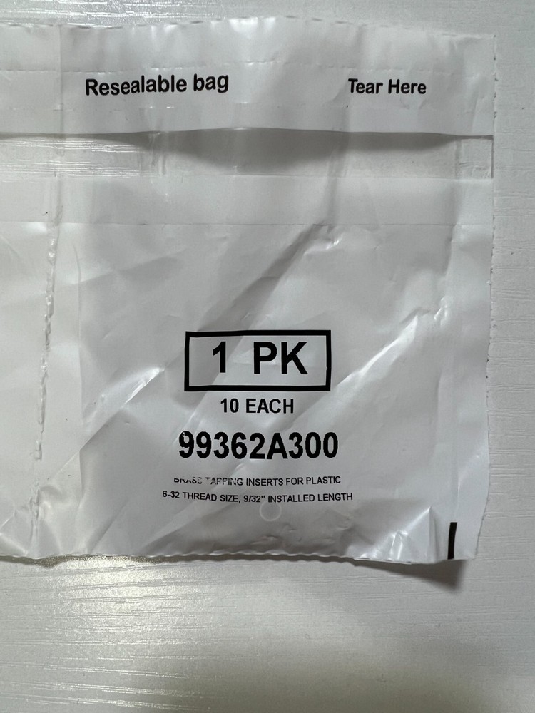 McMaster-Carr 99362A300 Brass Tapping Inserts For Plastic 6-32 Thread 2 Packs 10
