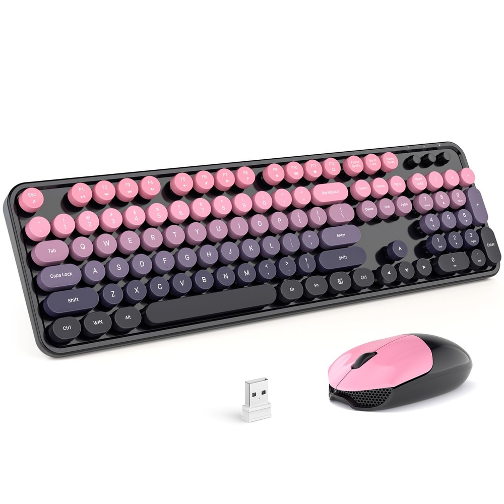 Berry Pink Wireless Keyboard Mouse Combo Retro Typewriter USB Windows
