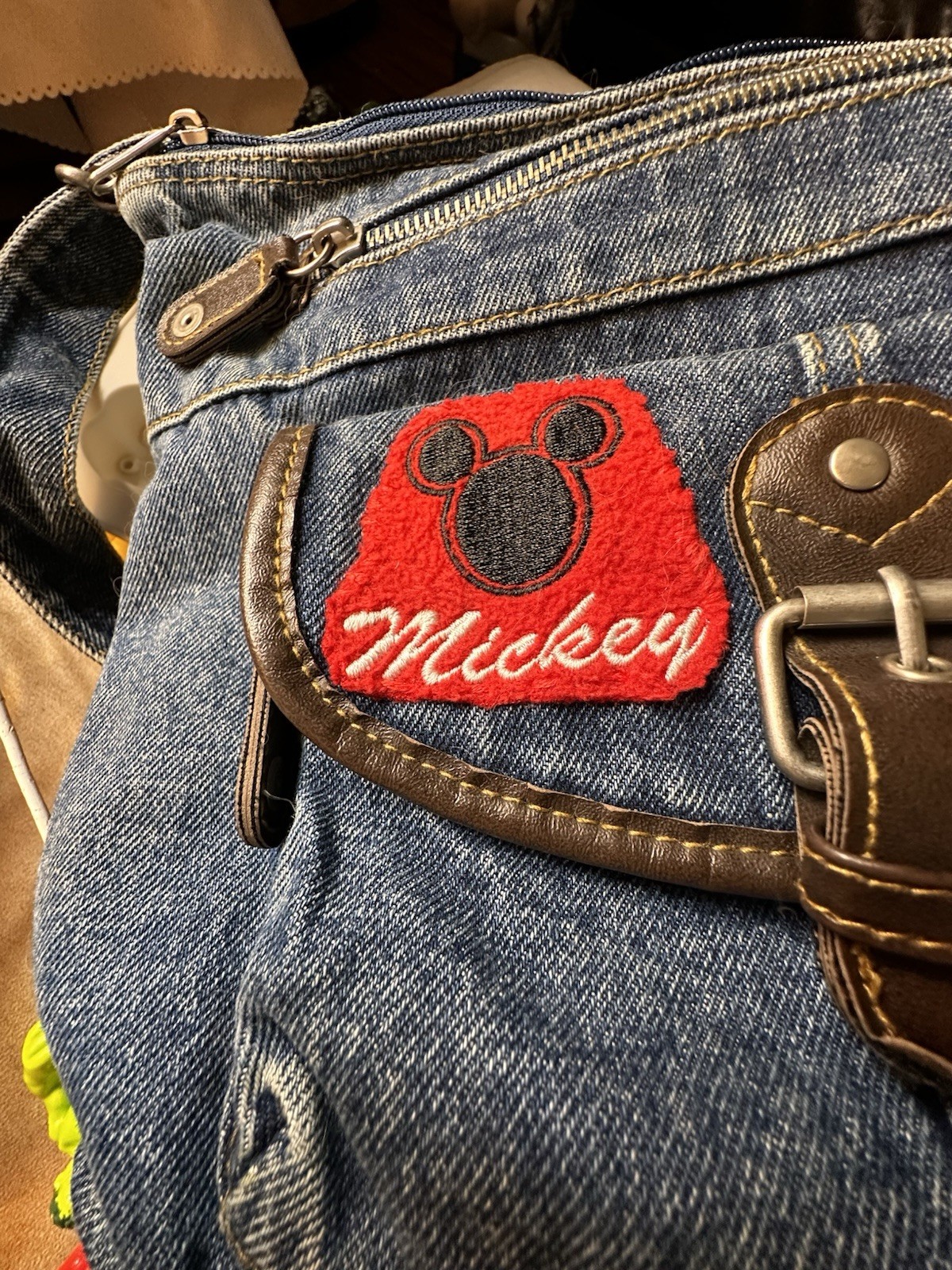 Vtg Mickey Mouse Disney 1990s Dark Denim Jean Purse Bag Patches Zippers READ