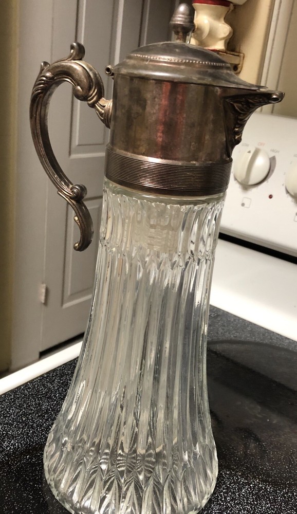 Vintage Tall Glass & Silverplate Iced Beverage Serving Carafe Pitcher
