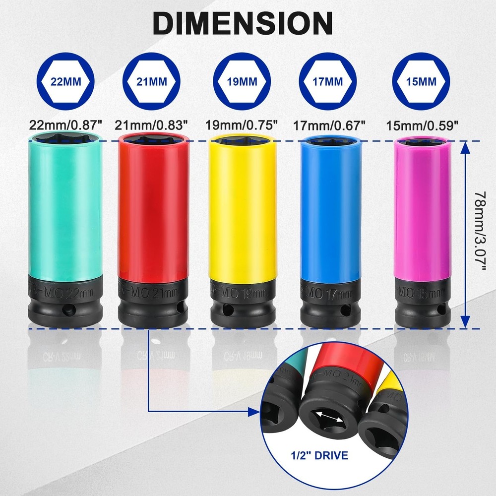 1/2 Inch Drive Wheel Protector Impact Socket Set, 5PCS Impact Lug Nut Socket ...