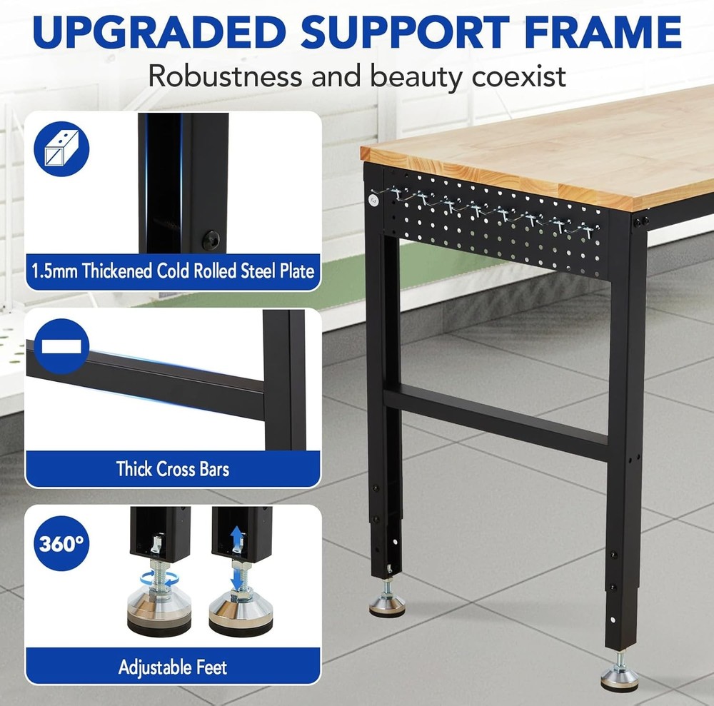2000 lbs Capacity Height Adjustable Workbench 60"x20" for Home Office Workshop