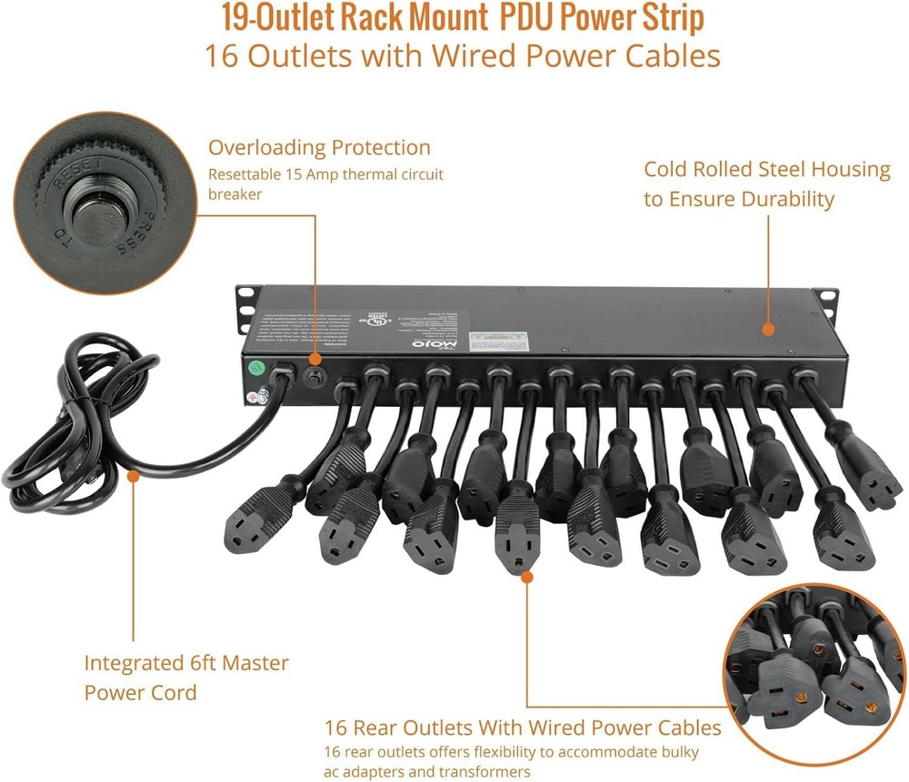 Tecmojo 1U Rack Mount 19 19 Outlets/12A/Usb+Overloading Protection, Black