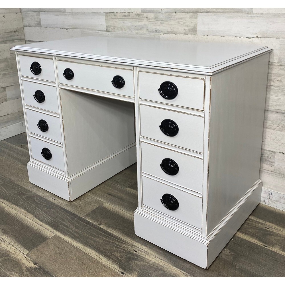White Vintage Desk Refinished Black Hardware Sturdy