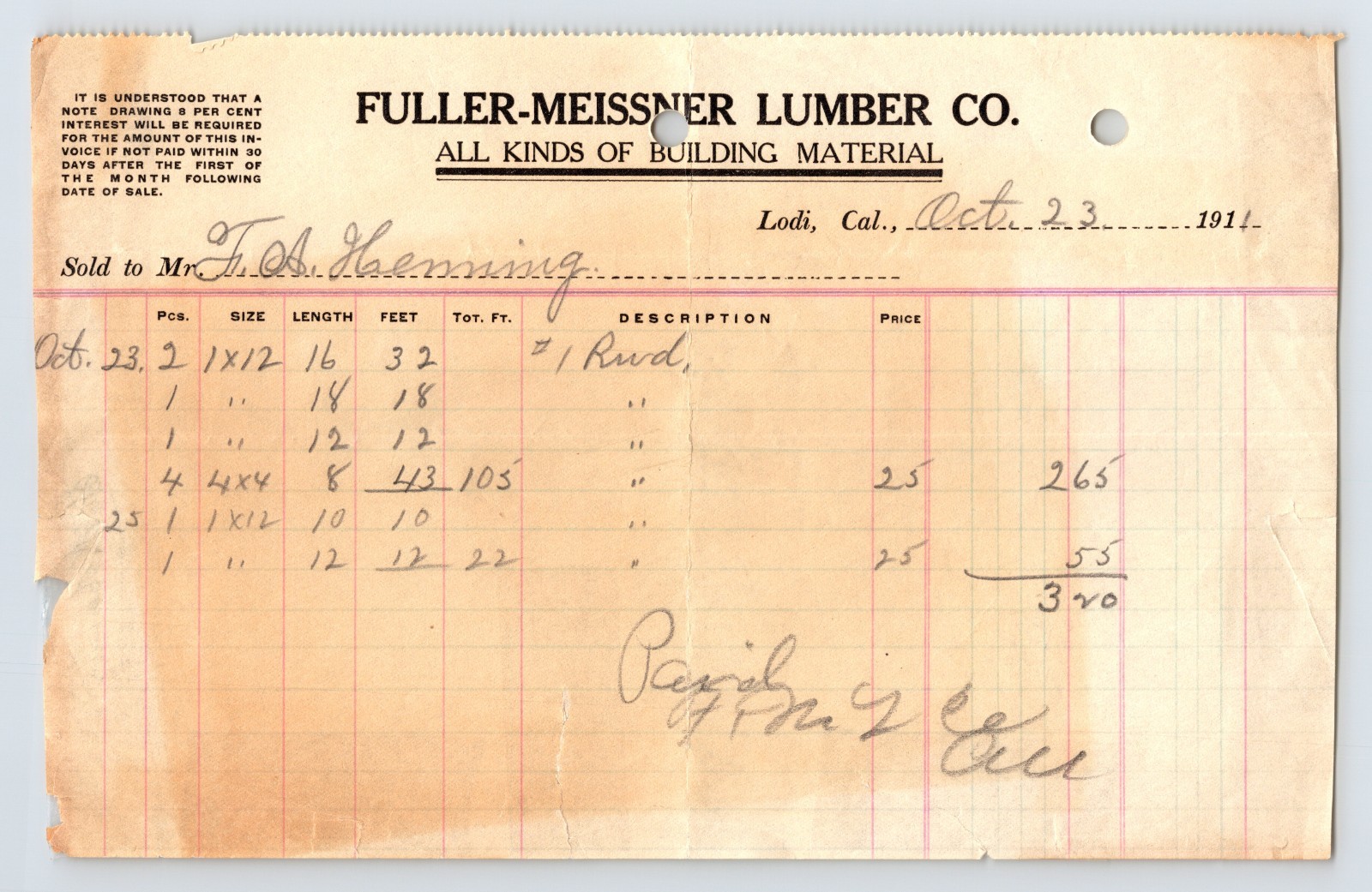 California Lodi Fuller Meissner Lumber 1911 Billhead Receipt 8" x 5"