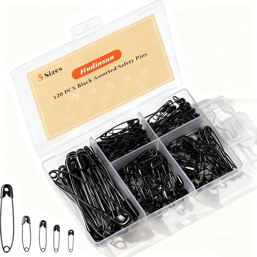 120 PCS 5 Different Sizes Black Safety Pins Assorted, Small and Large