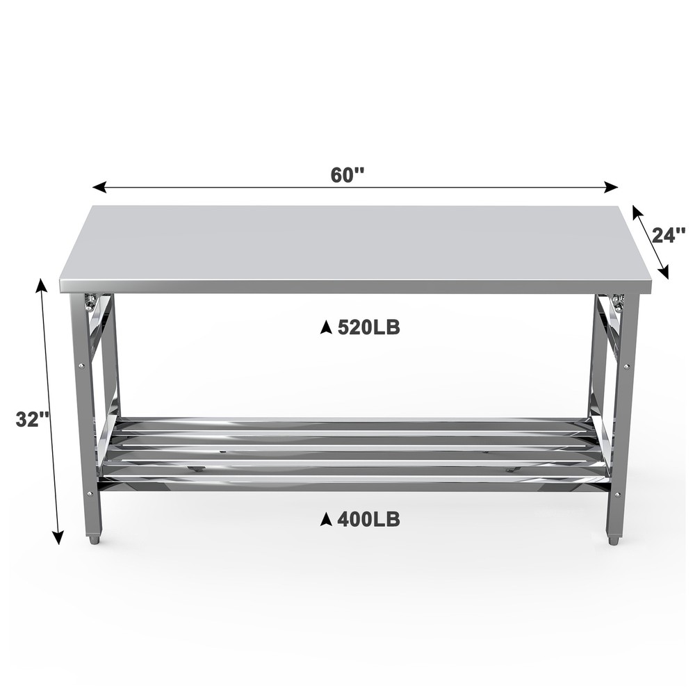Stainless Steel 60" x 24" NSF Kitchen Work Prep Table Folding with Undershelf