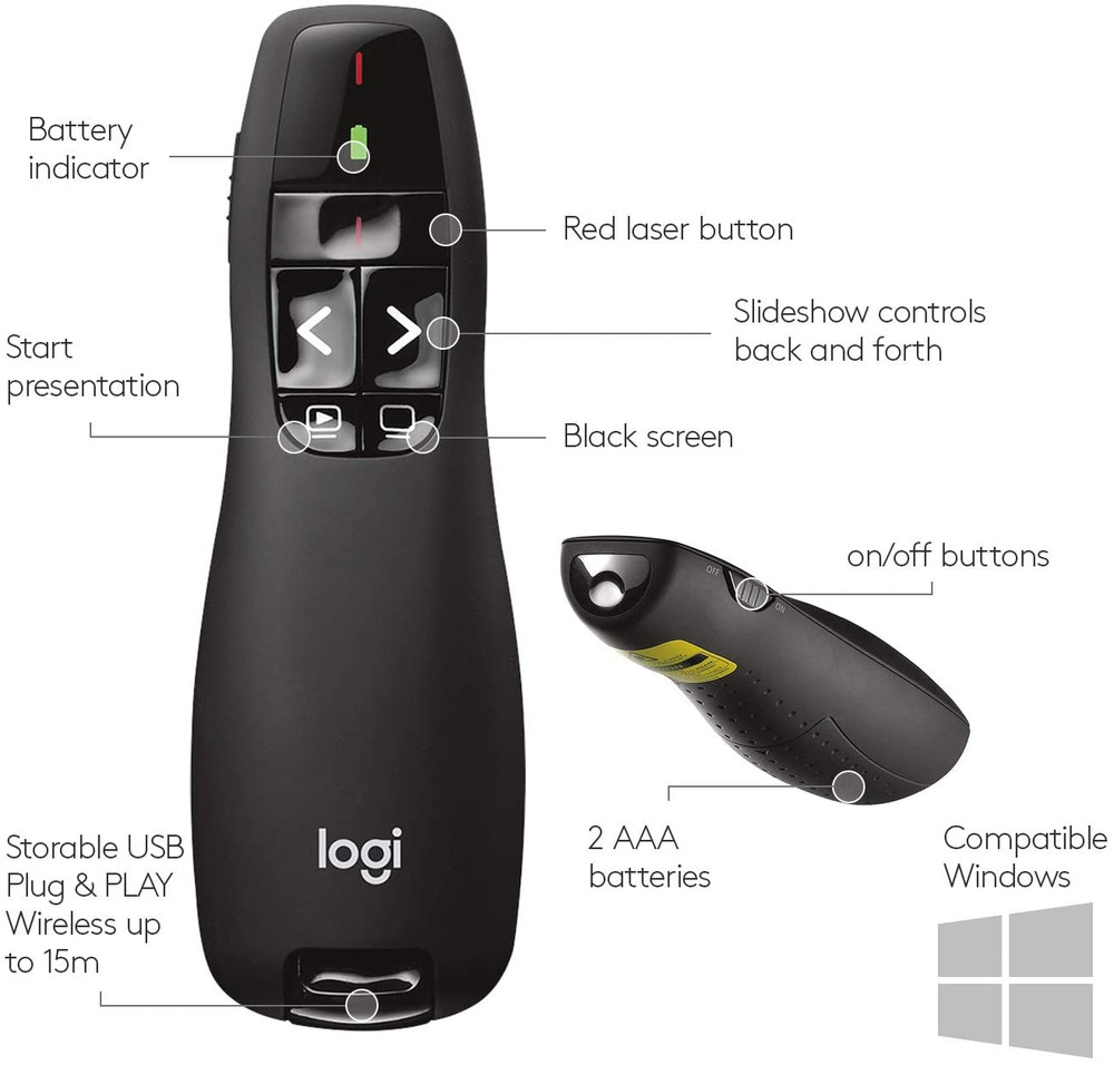 Wireless Presenter R400, USB-A Powerpoint Clicker with Laser Pointer, Wireless P