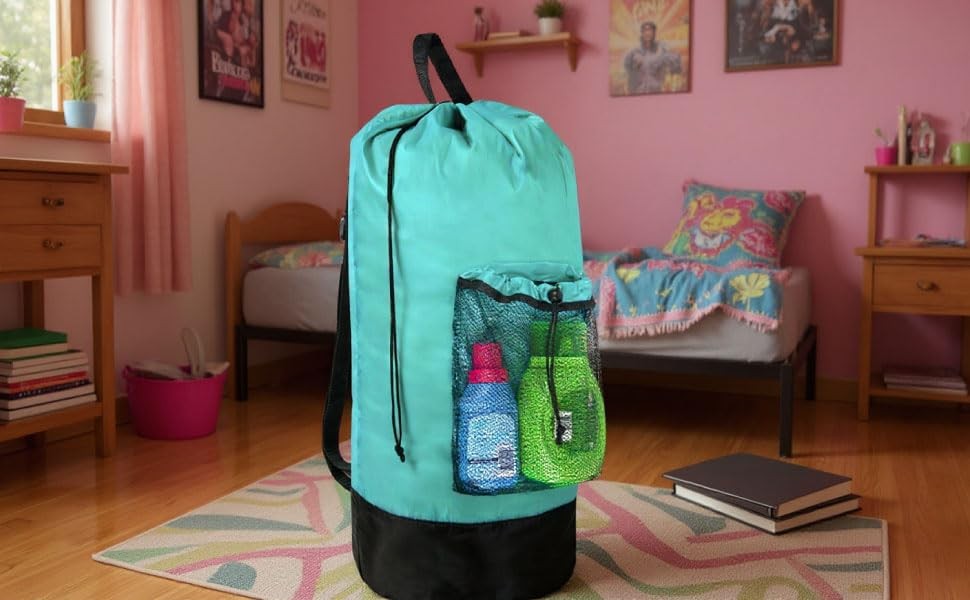 Turquoise Laundry Backpack with Mesh Pocket, Adjustable Straps and Drawstring...