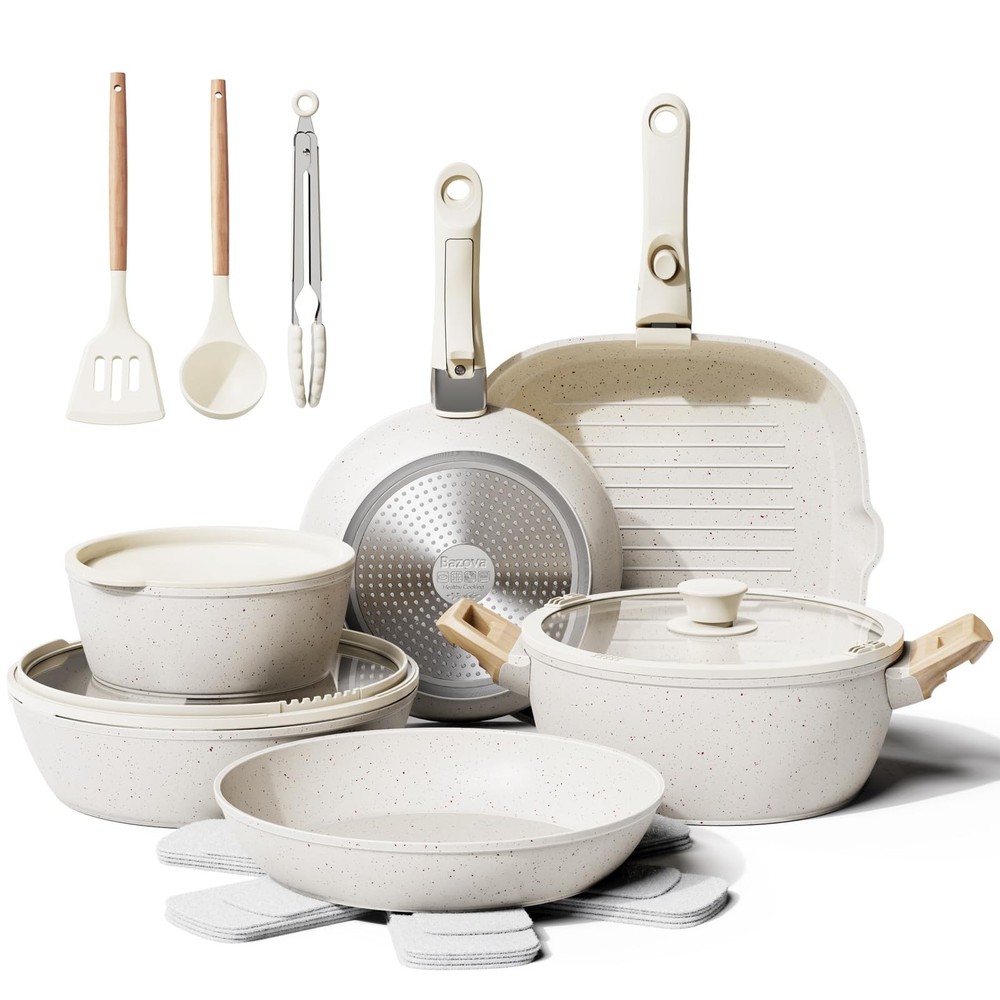19pc Nonstick Ceramic Pots & Pans Set Removable Handle Space Saving Cookware New
