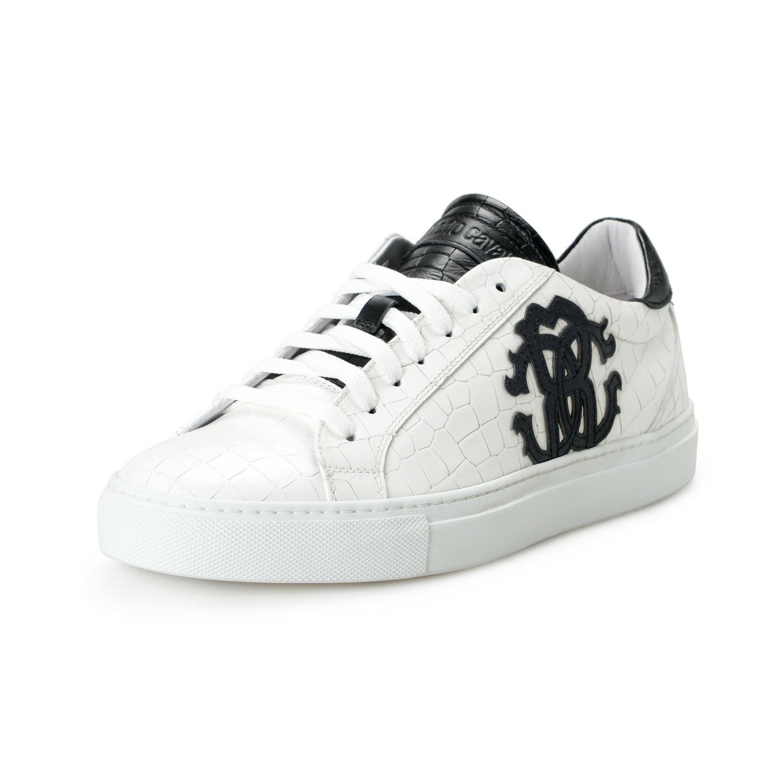 Roberto Cavalli Men's White Textured Leather Logo Print Fashion Sneakers Shoes