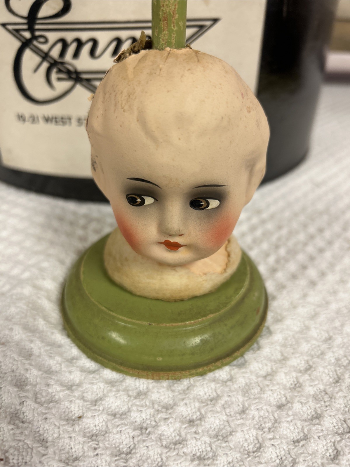 Antique Papier-Mâché Side Eyed Doll Head Girl Wood Hat Stand 9.5" Creepy Germany