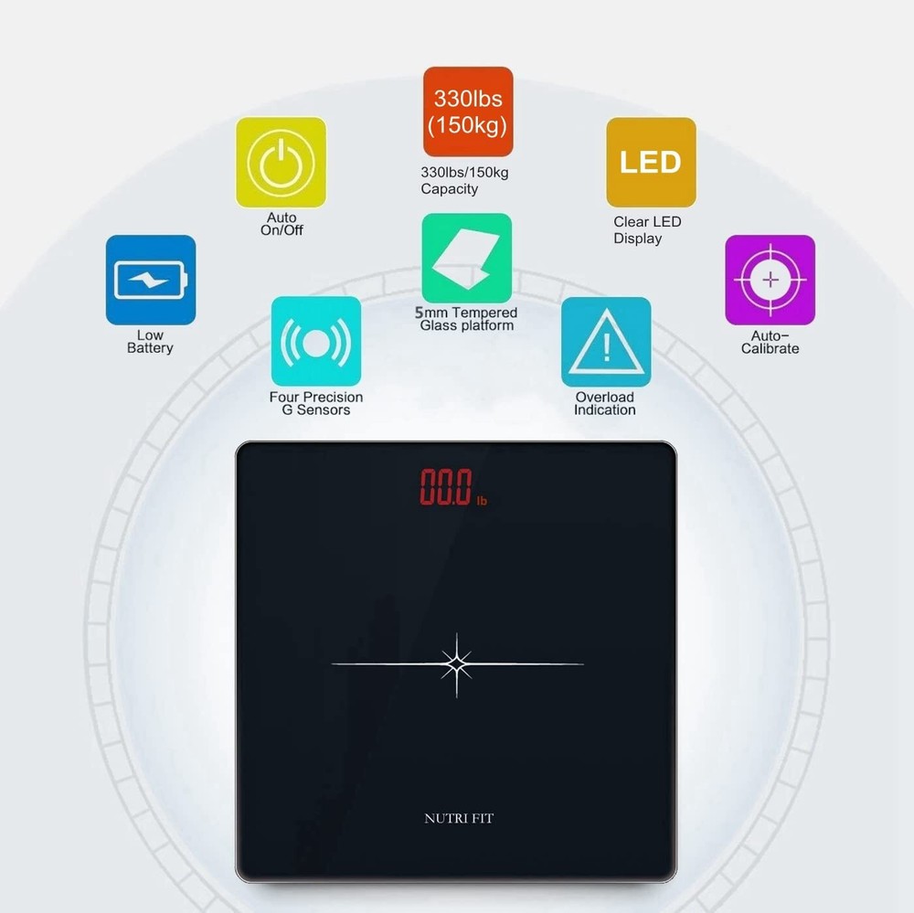 Digital Bathroom Scale Precision Step-On Technology LED Display 330lb Black