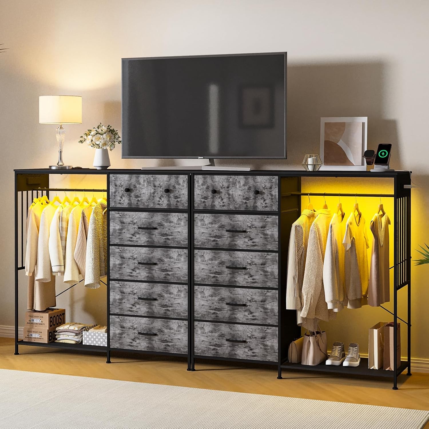 6-Drawer Dresser with Hanging Rack, LED Lights & Charging Station for Bedroom
