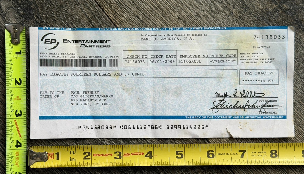 Kiss ACE FREHLEY Uncashed Check Paul Frehley Glickman Marks 2009 Vintage Kiss
