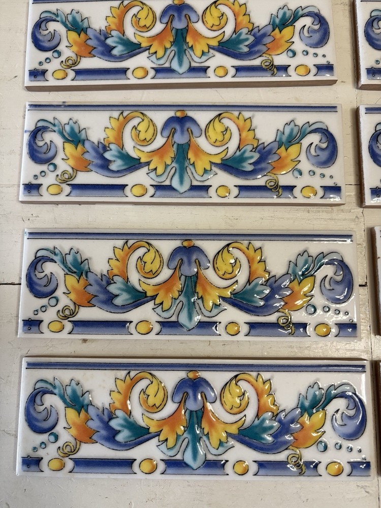 Lot - 10 Listello Tile Border Liner Yellow Orange Blue Scroll Pattern Wall Tiles