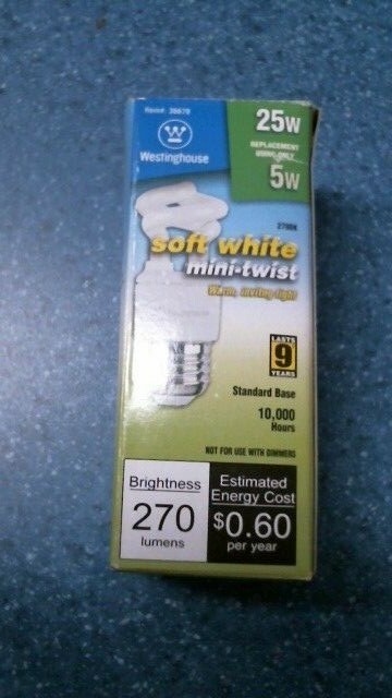 Westinghouse Compact Fluorescent Light Bulb 5W Soft white mini, FREE SHIPPING