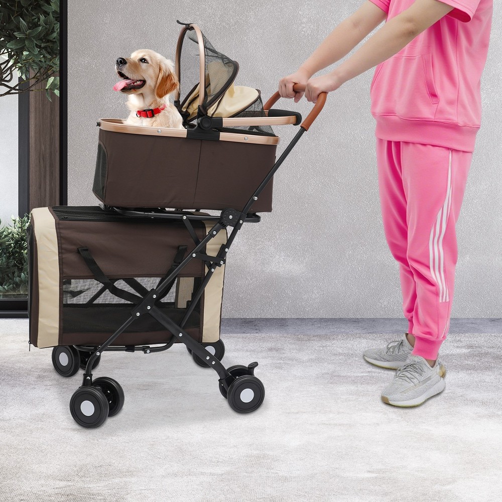 2-Tiers Foldable Cat Stroller Pet Stroller Small & Medium Dogs Stroller 77lbs