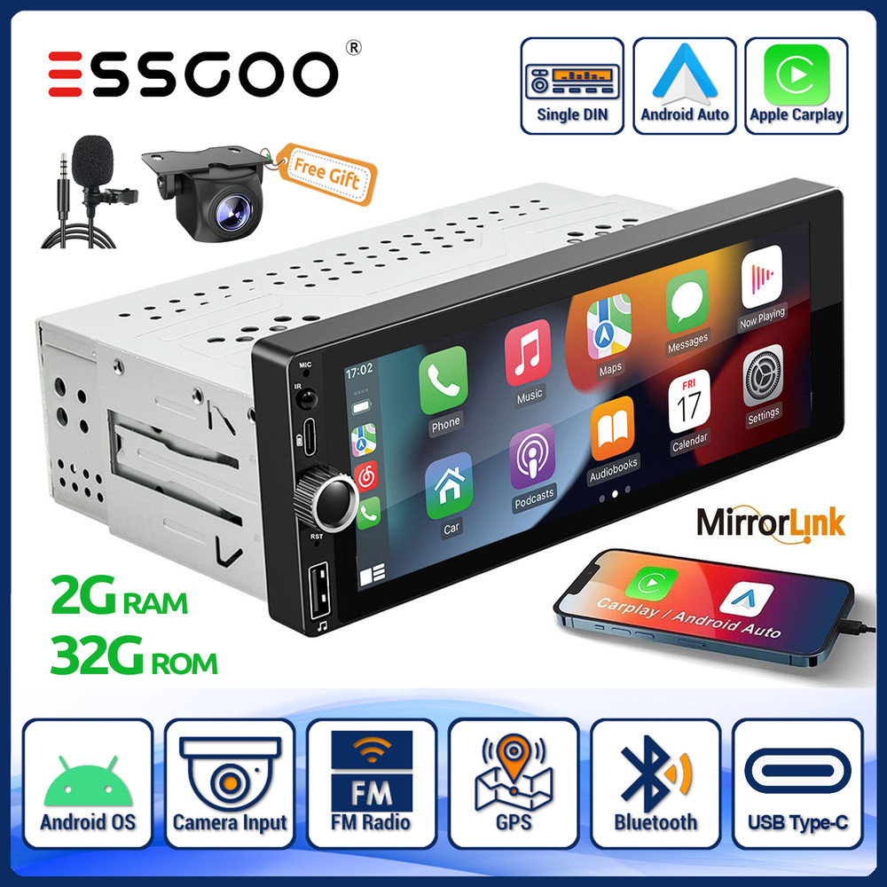 Single 1DIN 7" Wireless iOS Carplay Car Stereo Android 12 GPS IPS USB TypeC +AHD