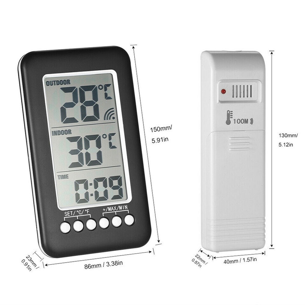 Digital Thermometer Clock Temperature Wireless Transmitter Meter Indoor/Outdoor