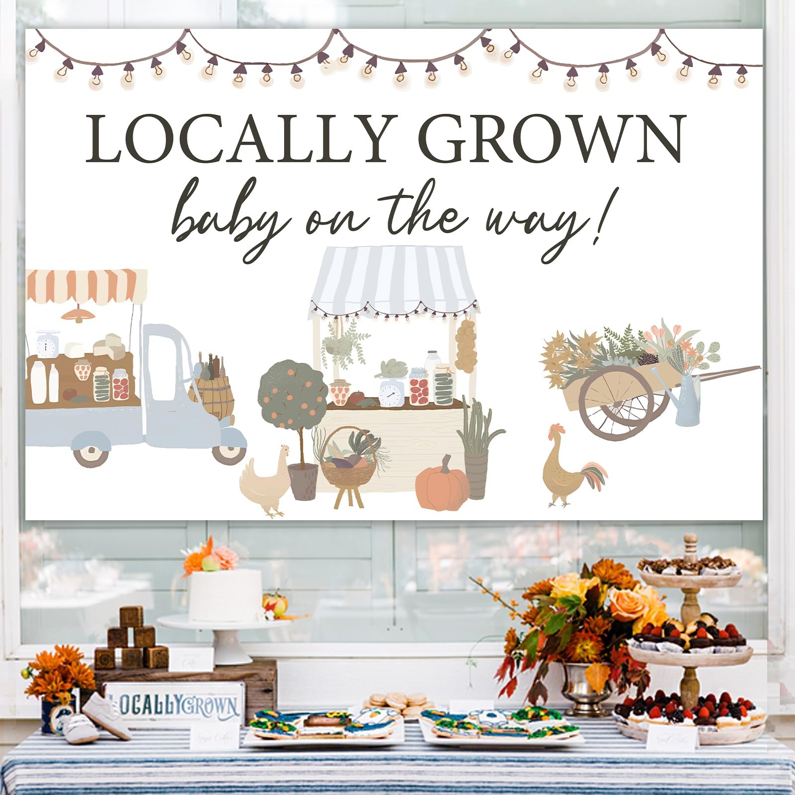 Locally Grown Baby Shower Backdrop, Farmers Market, Vegetable, Fruit Decor