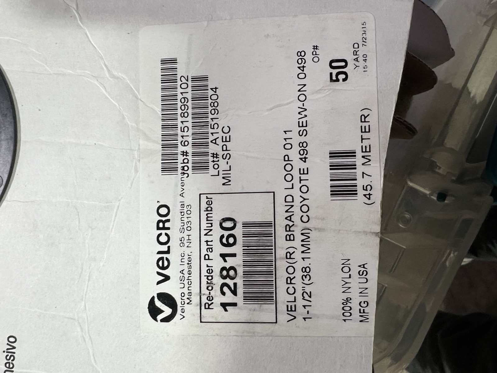 1.5”VELCRO® Brand MIL-SPEC Coyote 498 Hook and Loop - SEW-ON TYPE - 2 YARDS Each