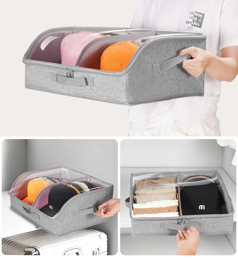 Hat Organizer for Baseball Caps, 2 Compartments Clear Window Hat Storage Box ...