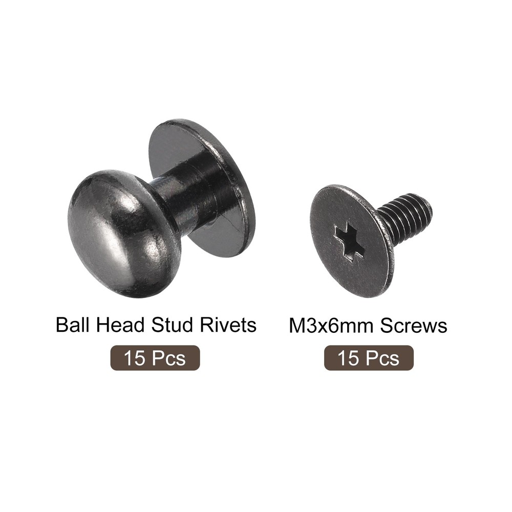 9mm Ball Head Stud Rivets Screw Back, 15Pack Round Head Button, Metallic Black
