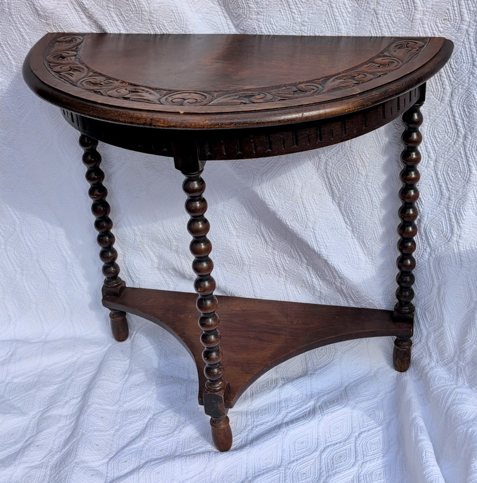 Ornate Demilune Table Half Moon Solid Dark Wood Unique Entry/Hall 25"T