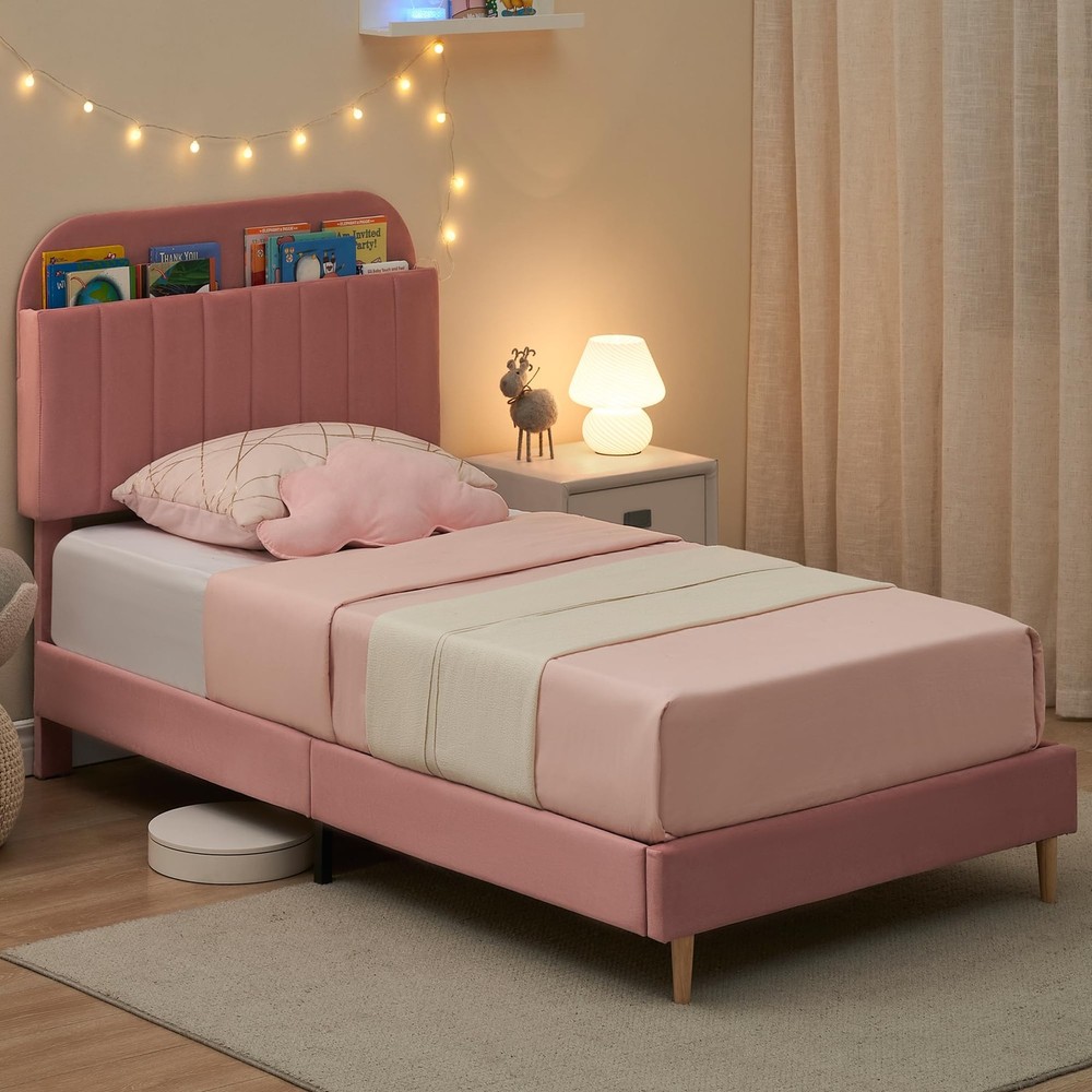 Twin Bed Frames, Upholstered Platform Bed Frame with Bookcase Headboard, Velv...
