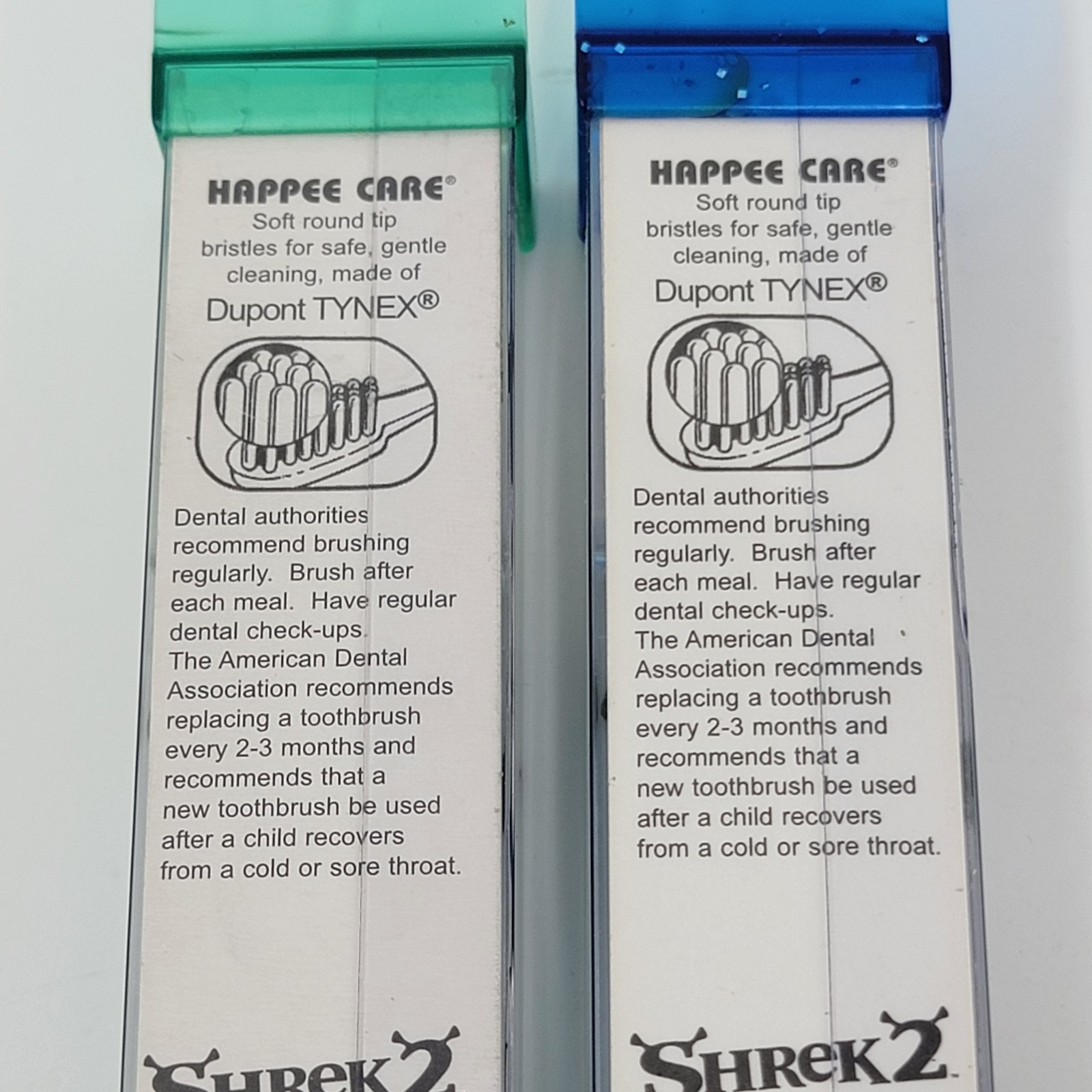 2 Happee Care Shrek 2 Soft Grip Toothbrush + Travel Cap Fiona Donkey Lenticular