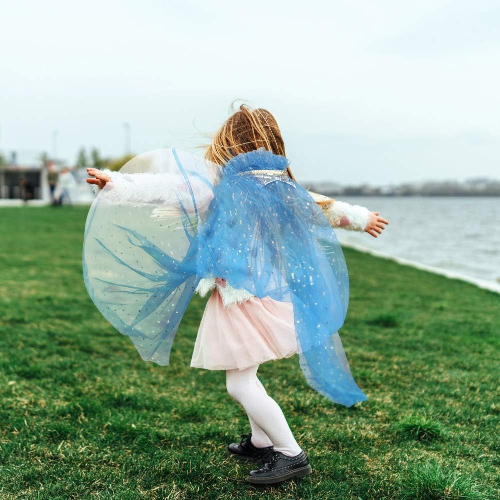 Princess Cape Set, 7 Pcs Girls Dress up Blue Cloak w/ Tiara Crown & Wand Costume
