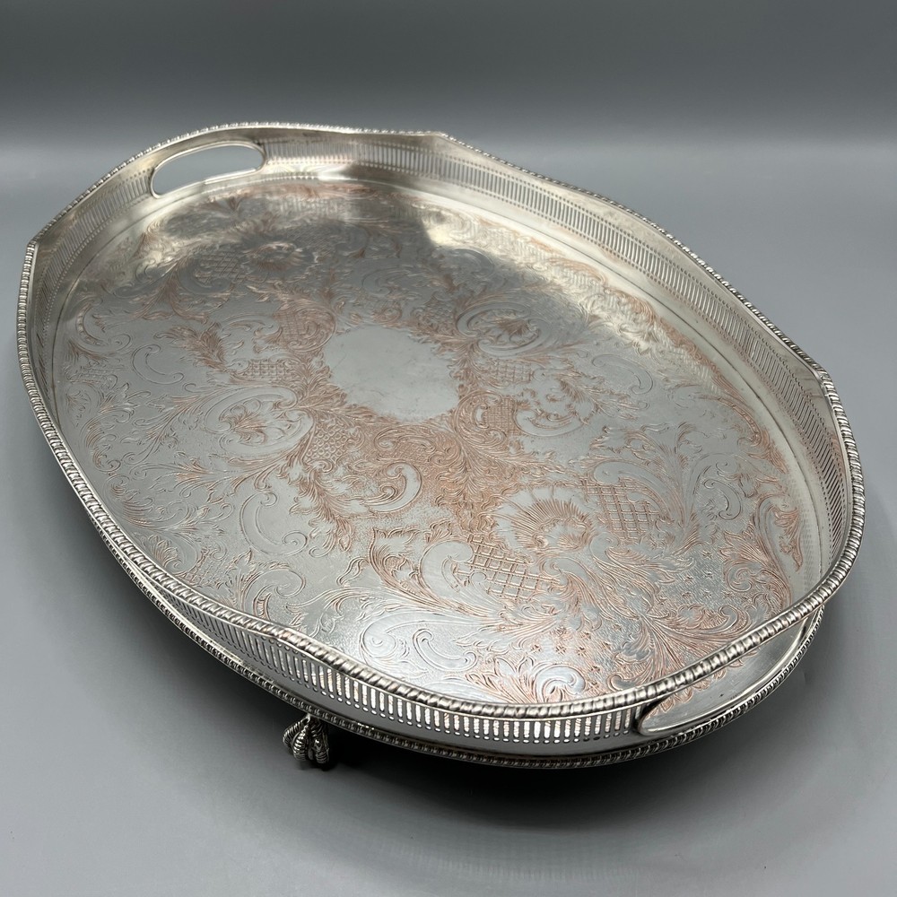 Antique Vintage Silver Plate Gallery Serving Tray Footed Cocktail Drinks Handles