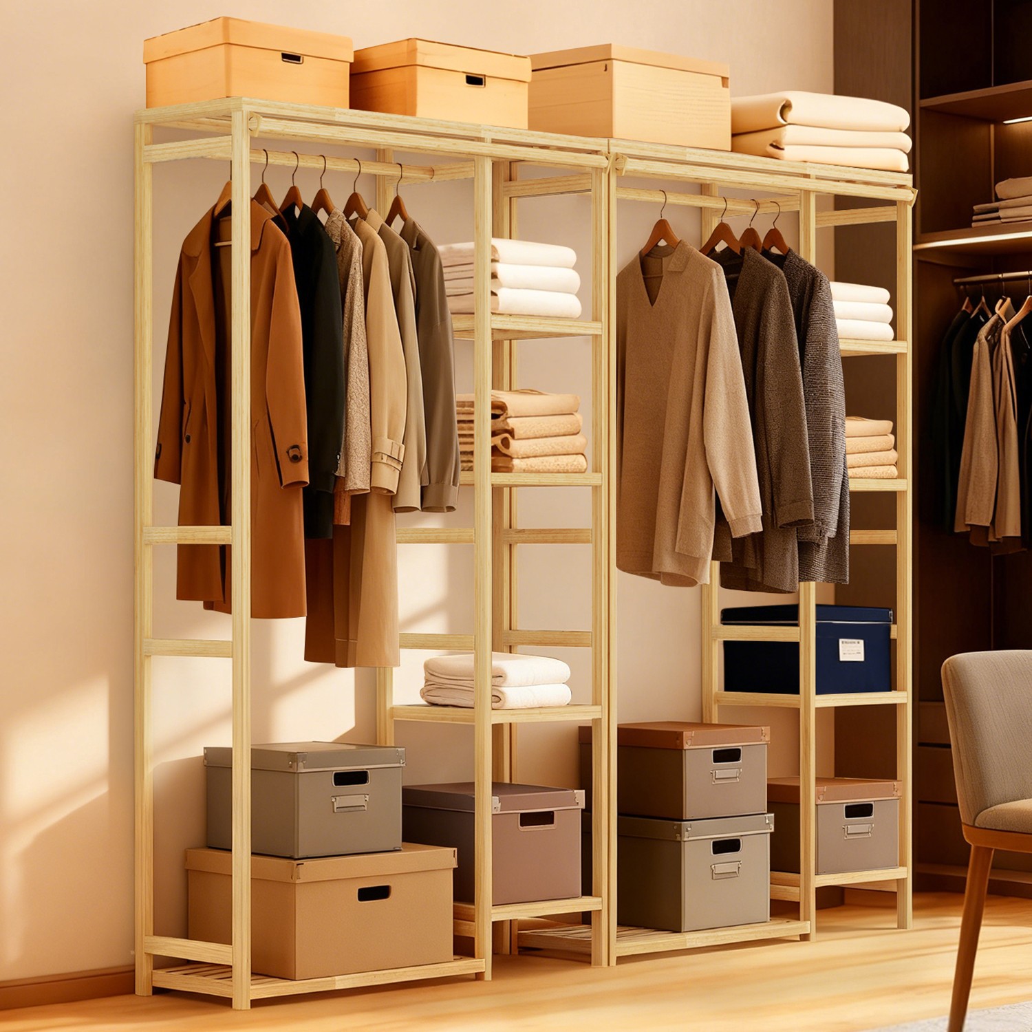 Extra Large Garment Rack Solid Bamboo Clothes Wardrobe Clothing Organizer Shelve