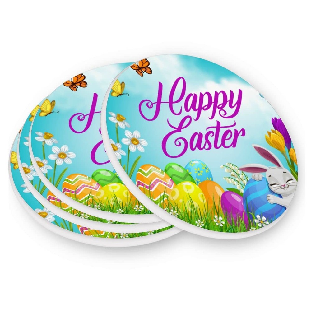 Happy Easter Eggs Drink Coaster with Cork Base, Round Moisture Absorbent Coas...