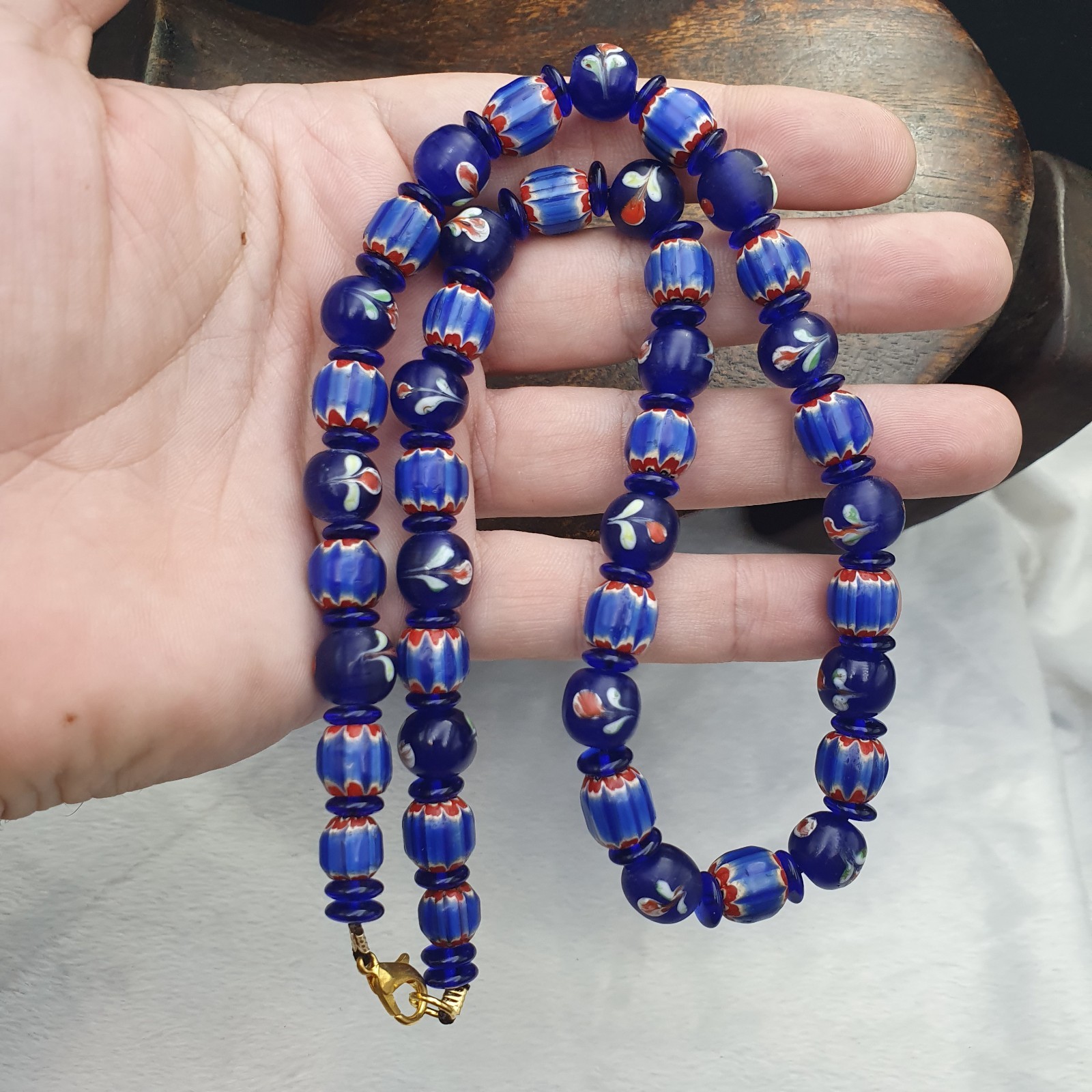 Vintage Venetian Cobalt Blue Floral & Striped Murano Style Beaded Necklace