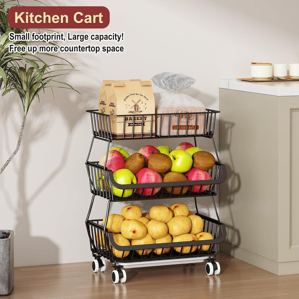 3-Tier Rolling Pantry Cart, Stackable Wire Storage Floor Organize Vegetable Rack