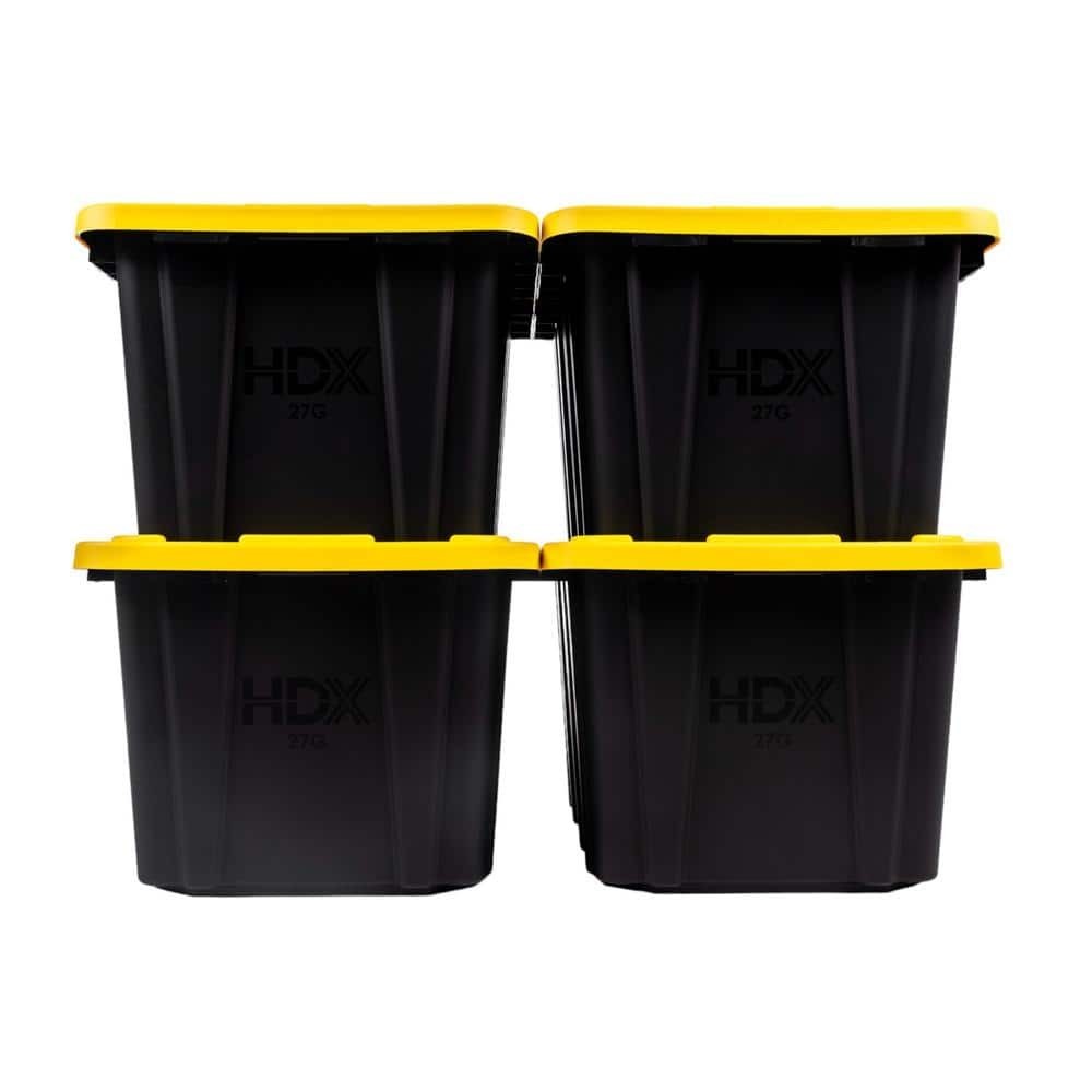 HDX 27 Gal. Tough Storage Tote 4 Pack Black Yellow Lid New