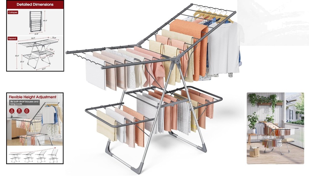 Effortless Setup Clothes Drying Rack - Foldable & Adjustable for All Weather