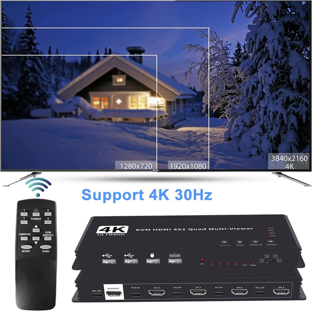 Hotkey 4K 4x1 KVM HDMI Quad Multi-Viewer Display Switch Vedio Wall Controller t
