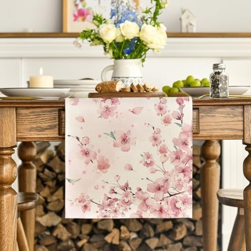 Floral Cherry Blossoms Branches Summer Table 13" x 72", Table Runner Pink