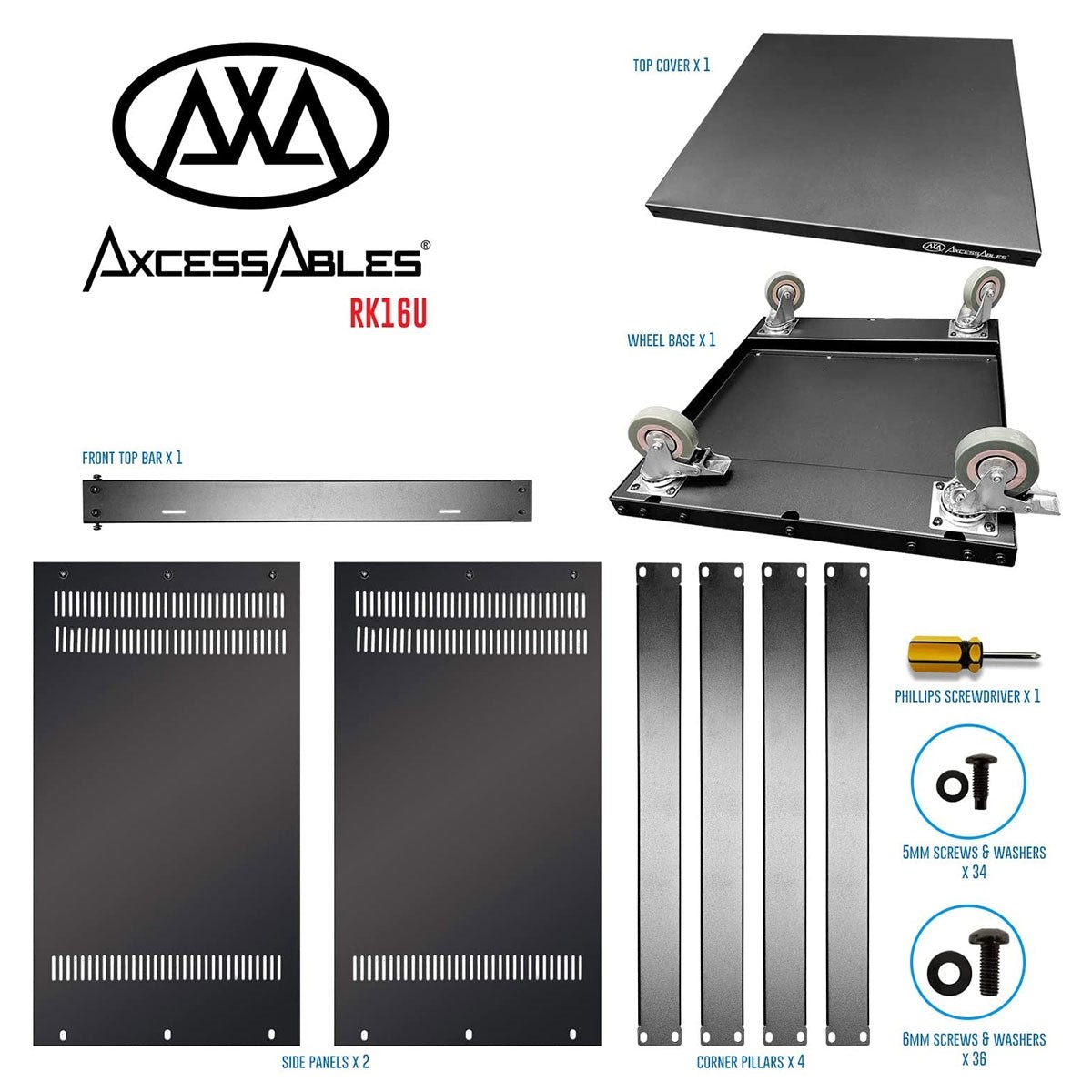 AxcessAbles 16U 19-Inch AV Rolling Equipment Rack Cabinet with Locking Wheels