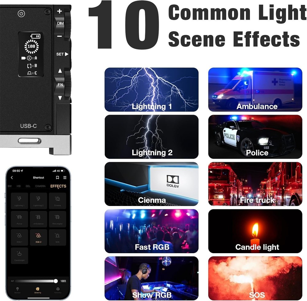Portable 12W LED Camera Light, 10 Lighting Effects, CRI≥97