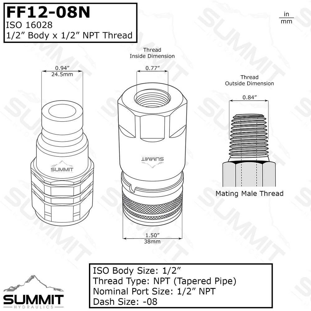 1/2 NPT Flat Face Hydraulic Quick Connect Coupler Coupling Set Skid Steer Bobcat
