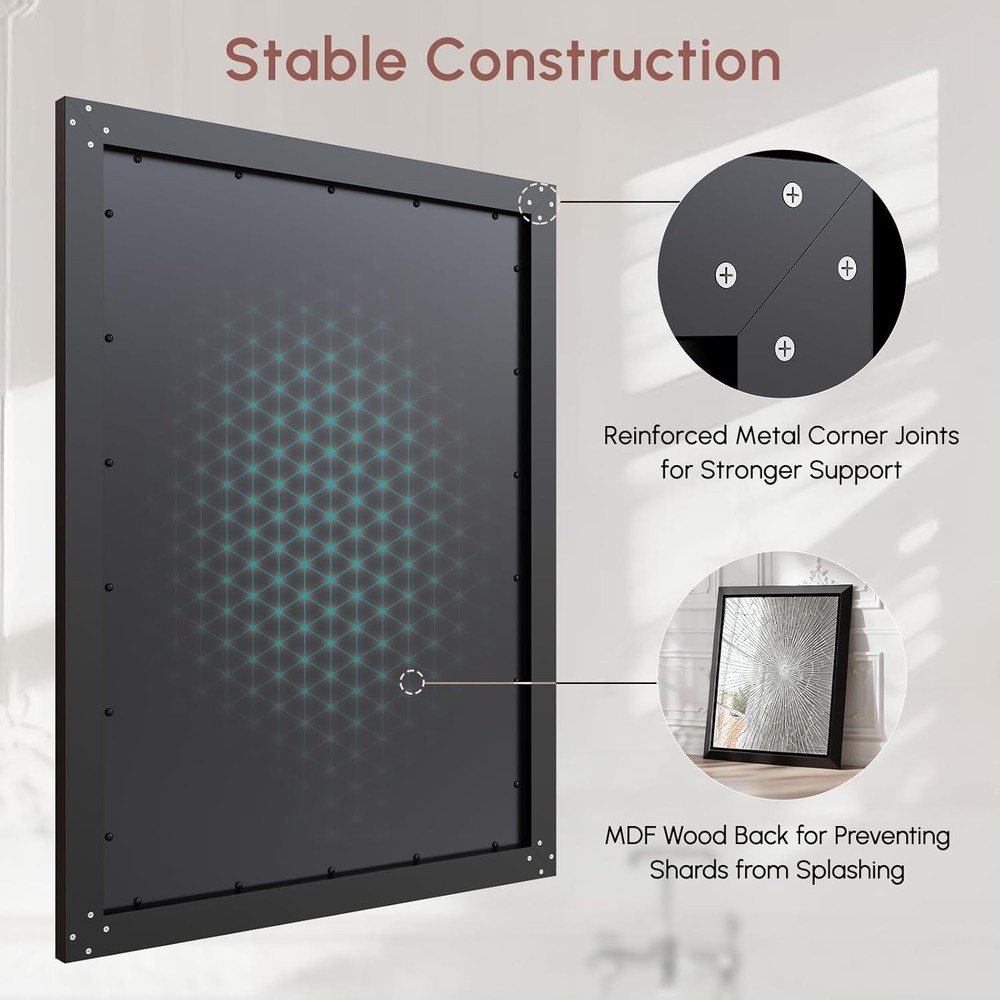 USHOWER 30x40" Rectangular Bathroom Mirror Black Aluminum Frame Beveled Mirror