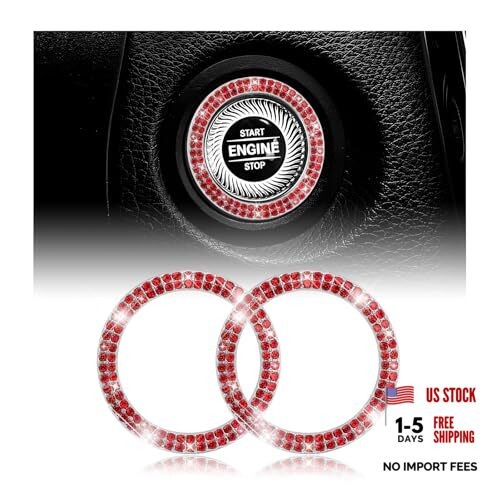 2PCS Bling Car Engine Start Stop Decoration Ring, Crystal Double Double Row Red