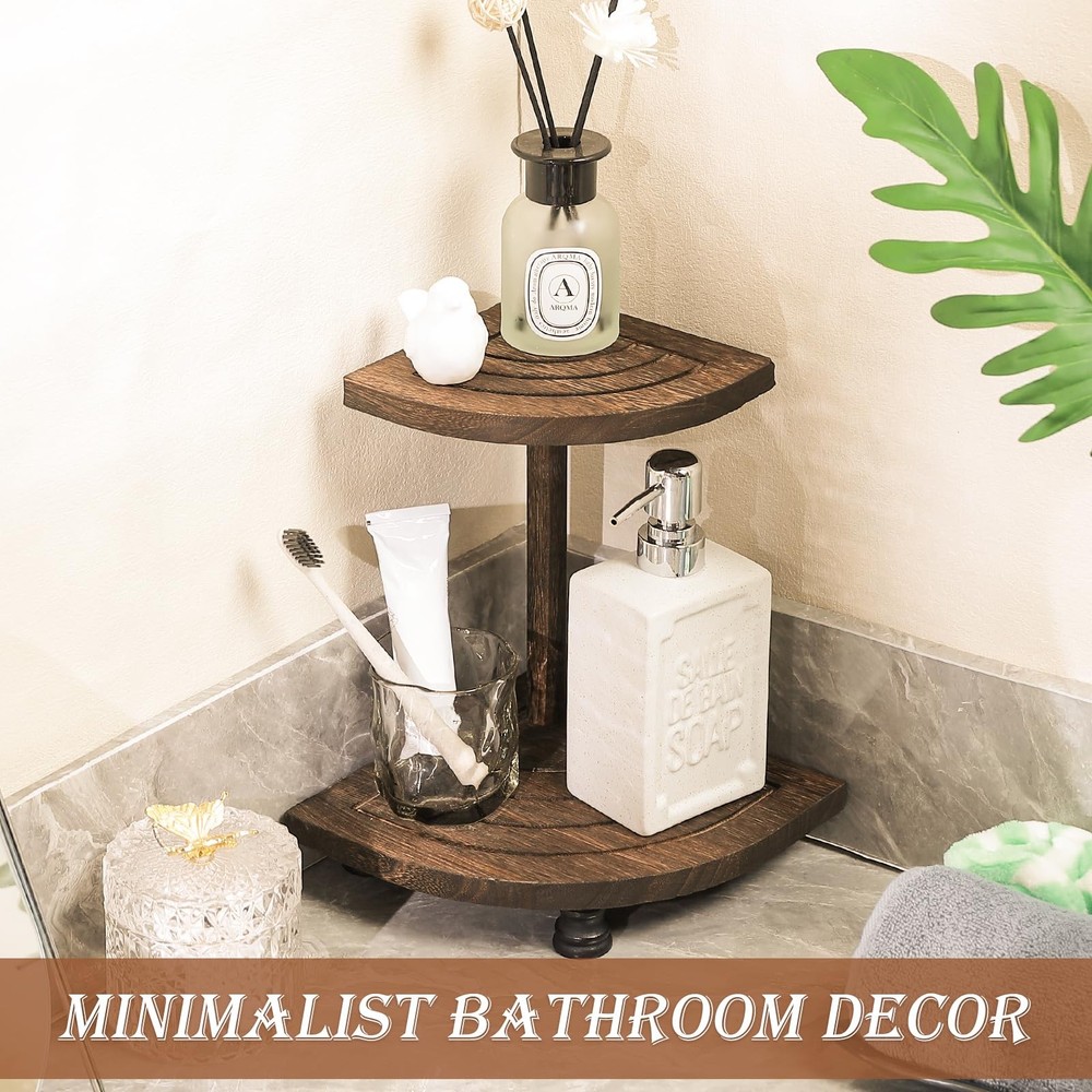 Decorative Wood Riser for Display, 2-Tier Rustic Corner Shelf for Kitchen Bat...