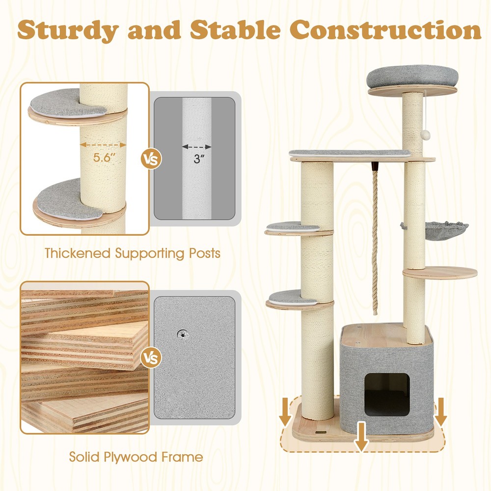 63'' Tall Modern Cat Tree w/ Perch Condo Hammock 5.6'' Scratching Posts
