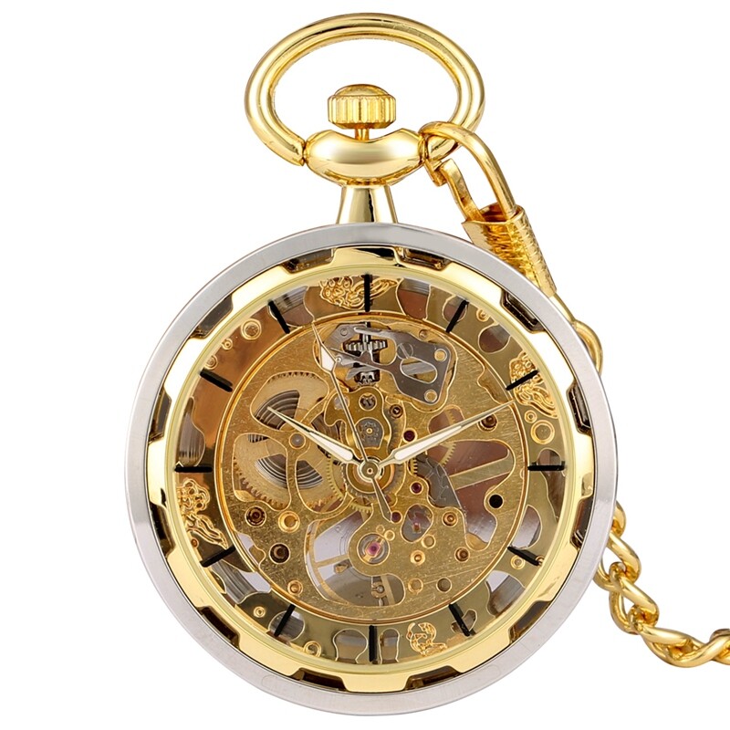 Men's Mechanical Pocket Watch Hand Winding Open Face Golden Pendant Chain Gifts