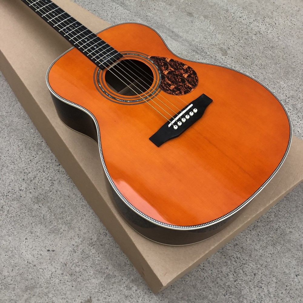 40 Inch Solid Spruce OM Type Acoustic Guitar Fishbone Binding Ebony Fingerboard